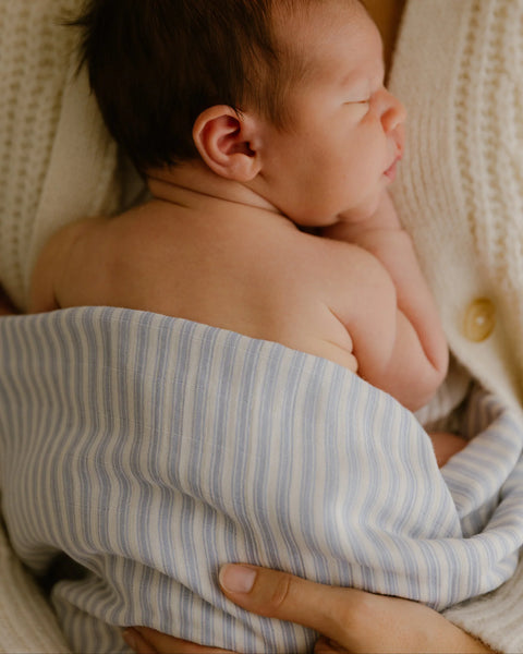 Ferne Baby Organic Ticking Swaddle ~ Blue Stripe