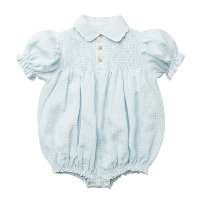 Nellie Quats Marco Polo Romper ~ Baby Blue & Milk Mini Check Linen