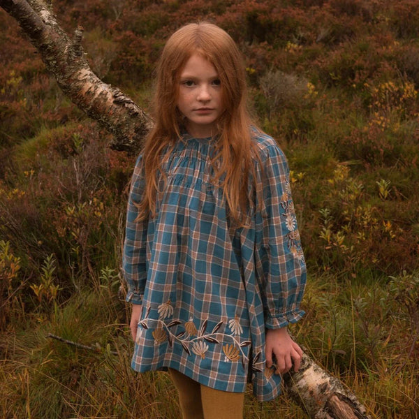 Lali Tulip Dress ~ Azure Plaid with Embroidery