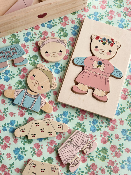 Konges Wooden Teddy Dress Up Puzzle ~ Dusty Pink
