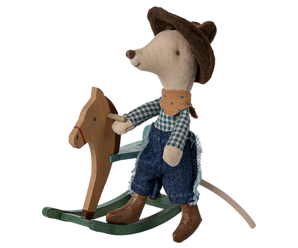 Maileg Little Brother Cowboy Mouse on Rocking Horse