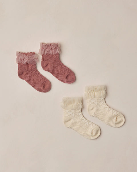 Noralee Ruffle Socks ~ Ivory, Raspberry