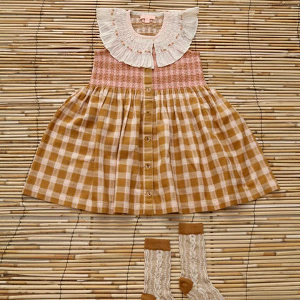 Bonjour Tunic Dress with Embroidered Smock ~ Caramel Strawberry