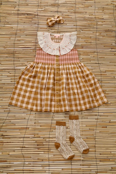 Bonjour Tunic Dress with Embroidered Smock ~ Caramel Strawberry
