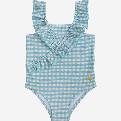 Bobo Choses Baby Vichy Ruffle Swimsuit ~ Aqua