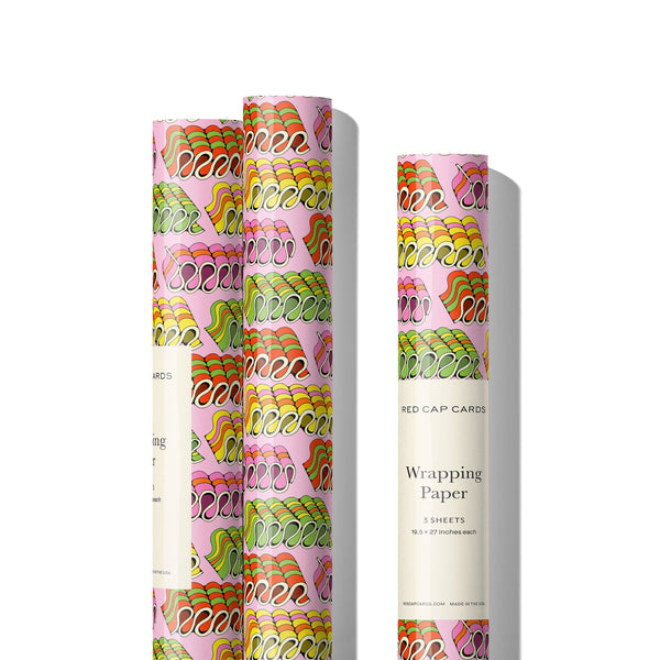 Red Cap Cards - Candy Ribbons holiday wrapping paper: Rolls of 3 sheets