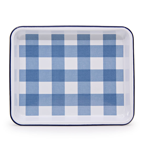 Crow Canyon Home - Gingham Enamelware Small Rectangle Tray: Blue
