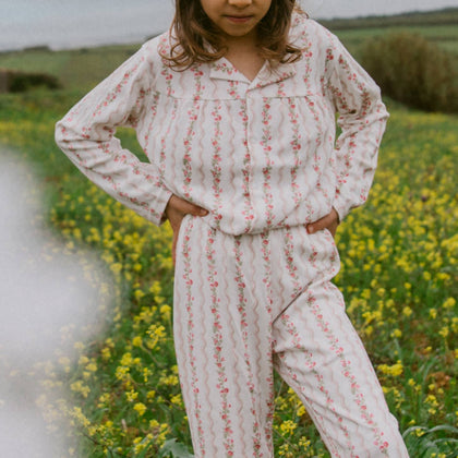 Sleepy Doe - GIRLS BLOUSE & WIDE TROUSER SET | FLORAL STRIPE: 3-4 Years