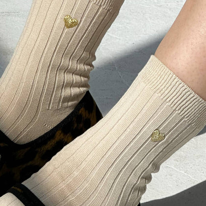 Le Bon Shoppe - Embroidered Her Socks: Porcelain + Gold Heart