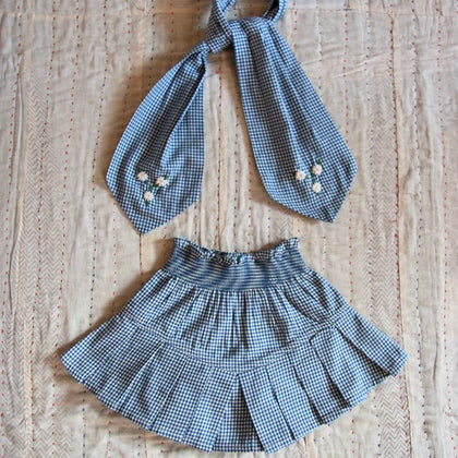 Bonjour Pleated Skirt & Scarf ~ Blue Gingham