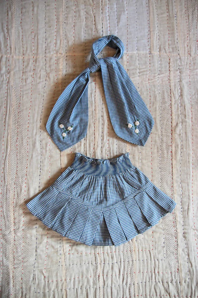 Bonjour Pleated Skirt & Scarf ~ Blue Gingham