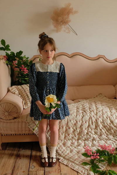 Bonjour Dress ~ Blue Denim with Flowers