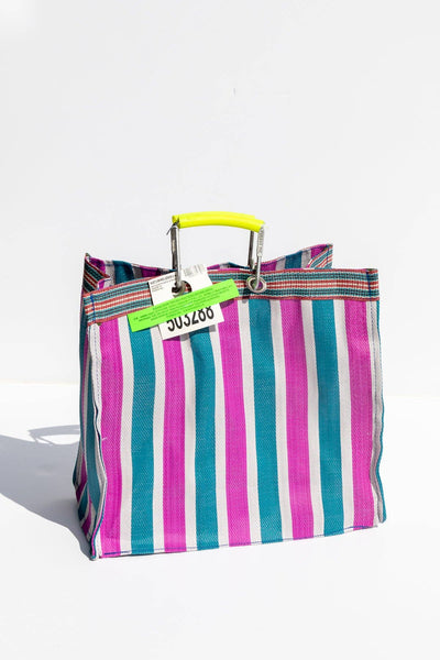 RECYCLED PLASTIC STRIPE BAG - Square: Green x Pink