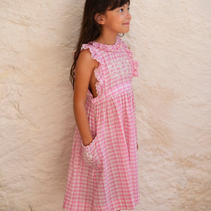 Lali Clover Dress ~ Pink Picnic Plaid with Embroidery