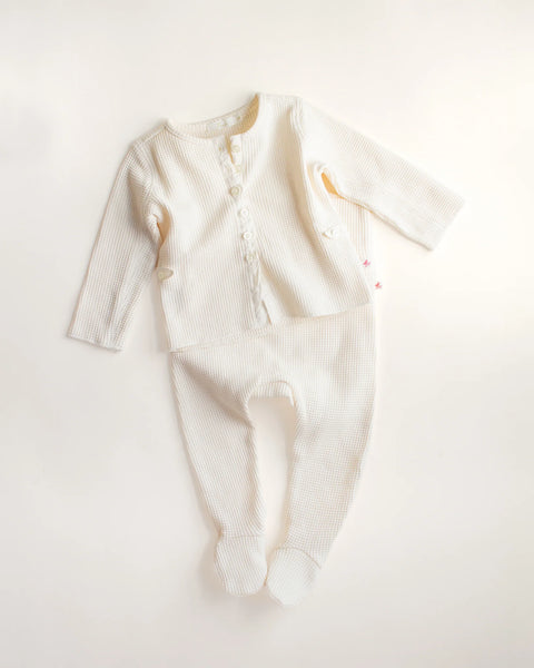 Ferne Baby Waffle Footed Cardigan Set ~ Ecru