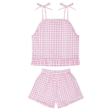 Minnow Girls Blush Gingham Tie Tank And Short Set