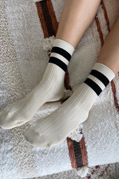 Le Bon Her Varsity Socks in Cream Black