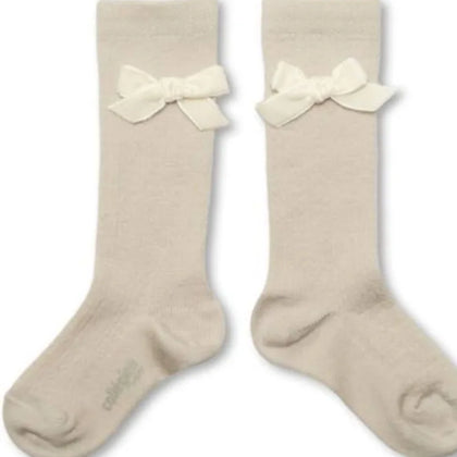 Collegien Isaure Pointelle Merino Knee Sock ~ Cream Bow