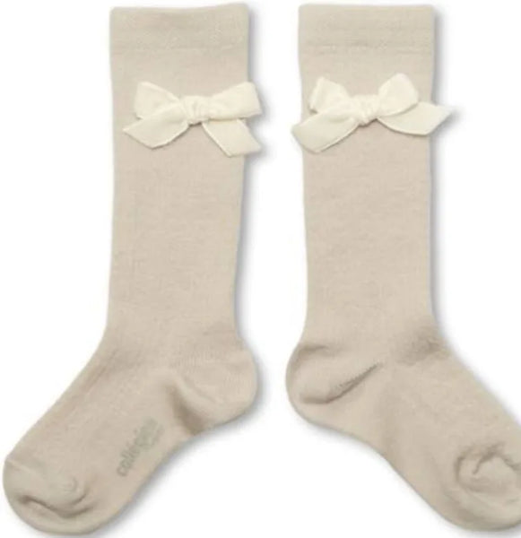 Collegien Isaure Pointelle Merino Knee Sock ~ Cream Bow