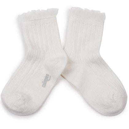 Collegien Margaux - Tulle Frill Ribbed Ankle Socks - Blanc Neige