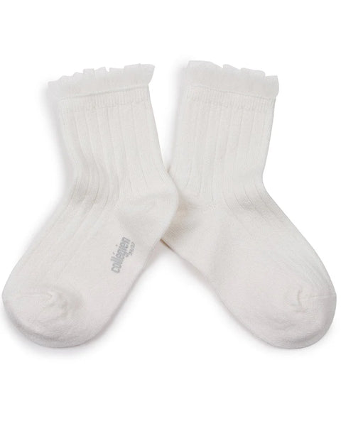 Collegien Margaux - Tulle Frill Ribbed Ankle Socks - Blanc Neige