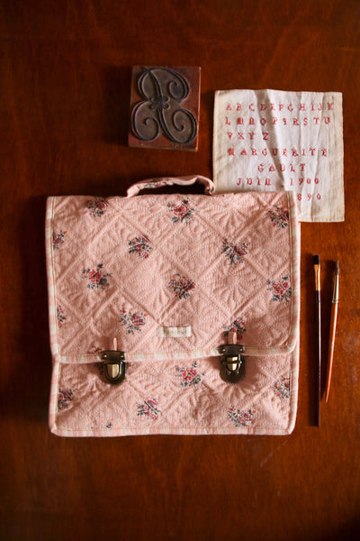 Bonjour Diary Denim Quilted School Bag ~ Pink Garden Flowers Print
