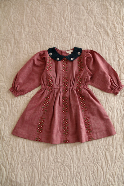 Bonjour Diary Embroidered Dress ~ Red Chambray