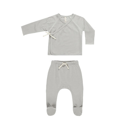 Quincy Mae Wrap Top + Footed Pant Set ~ Blue Micro Stripe