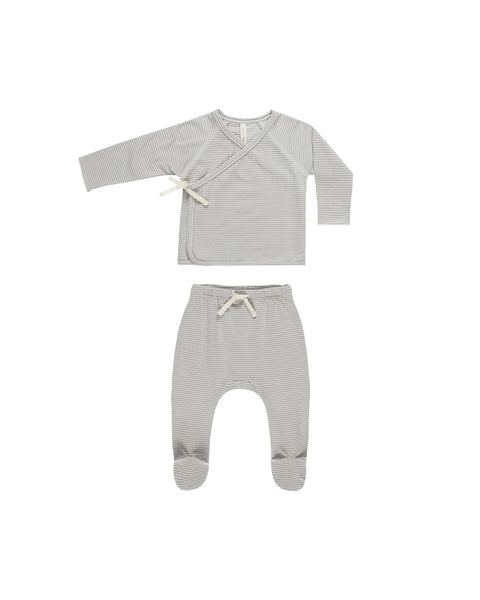 Quincy Mae Wrap Top + Footed Pant Set ~ Blue Micro Stripe