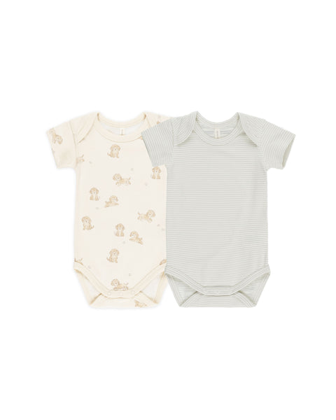 Quincy Mae Short Sleeve Bodysuit, 2 Pack ~ Puppies, Sky Micro Stripe