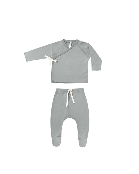 Quincy Mae Wrap Top + Footed Pant Set ~ Dusty Blue