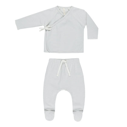 Quincy Mae Wrap Top + Footed Pant Set ~ Sky Micro Stripe