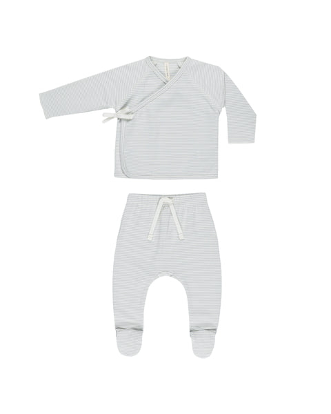 Quincy Mae Wrap Top + Footed Pant Set ~ Sky Micro Stripe