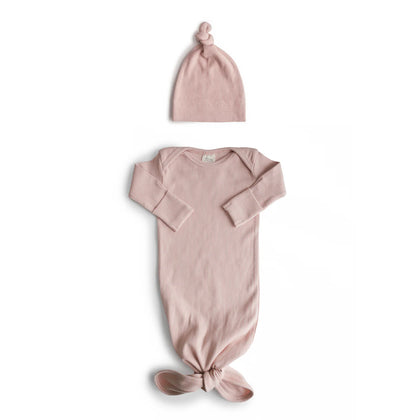 Mushie Baby Knotted Baby Gown & Beanie set ~ Blush