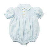 Nellie Quats Marco Polo Romper ~ Baby Blue & Milk Mini Check Linen