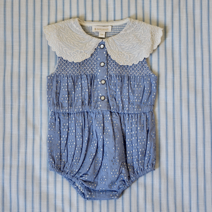 Bonjour Diary Baby Romper ~ Blue Broderie Anglaise