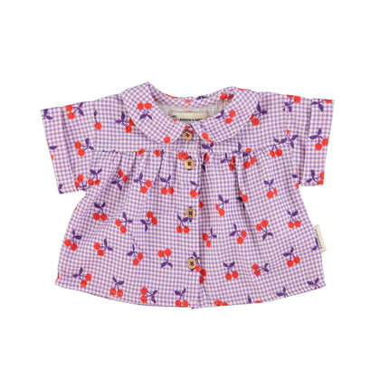 Piupiuchick Peter Pan Collar Blouse ~ Purple Check with Cherries