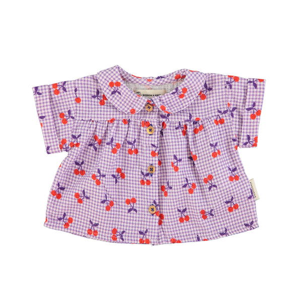 Piupiuchick Peter Pan Collar Blouse ~ Purple Check with Cherries