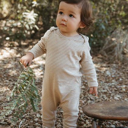 Go Gently Nation Rib Romper ~ Camel Stripe