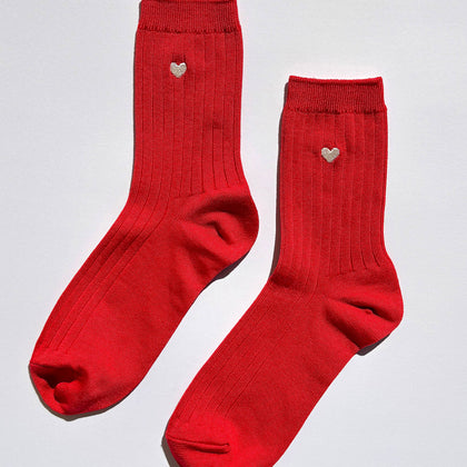 Le Bon Shoppe - Embroidered Her Socks - Mercerized Combed Cotton Rib: Classic Red + Heart