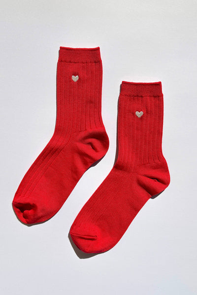Le Bon Shoppe - Embroidered Her Socks - Mercerized Combed Cotton Rib: Classic Red + Heart
