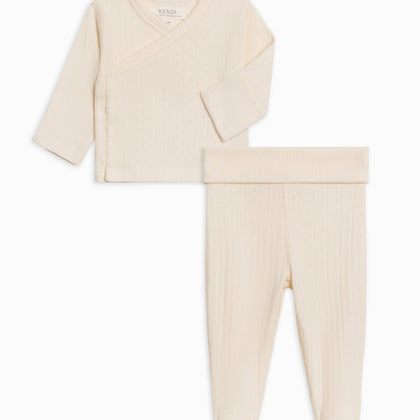 Colored Organics - 2-Piece Lacey Brushed Back Pointelle Kimono Top and Pant Set: Ivory / 3-6M