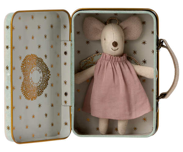 Maileg Little Sister Angel Mouse in Suitcase