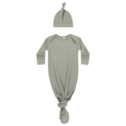 Quincy Mae Knotted Baby Gown + Hat ~ Basil