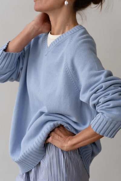 Donni Cotton Knit V-Neck Sweater ~ Cornflower