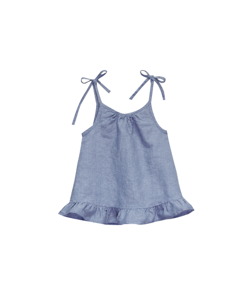 Go Gently Nation Woven Ruffle Top~ Chambray