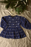 Bonjour Diary Handsmocked Blouse in Indigo Tulle with Gold Heart Print