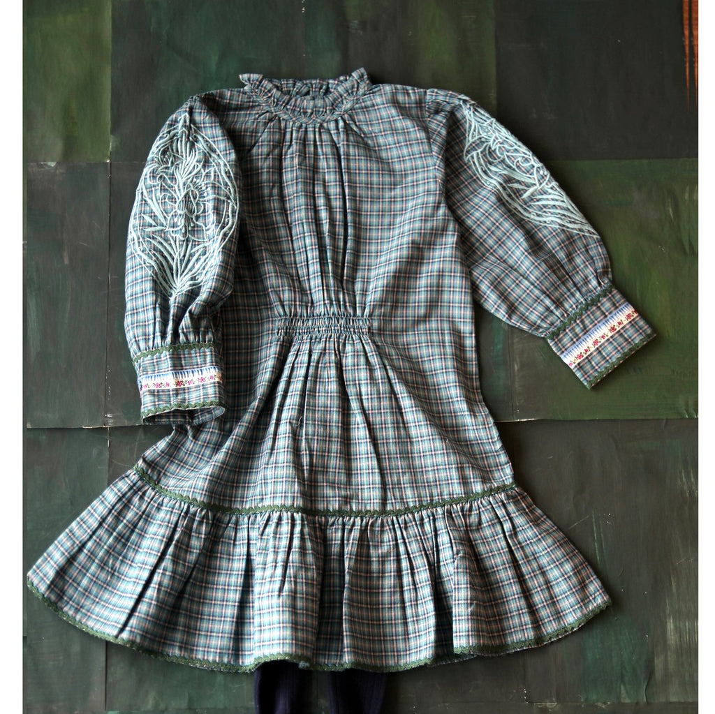 Bonjour Diary Emb Sleeve Dress Small Blue Check