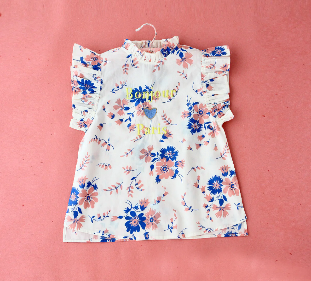 Bonjour Diary Top with Flounce Blue & White Print | Wee Mondine