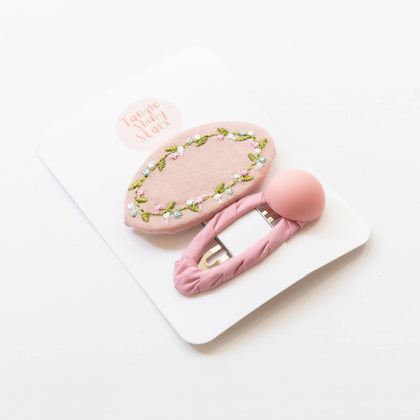 Embroidered Hair Snap Clips (Light Pink & Flower lease)